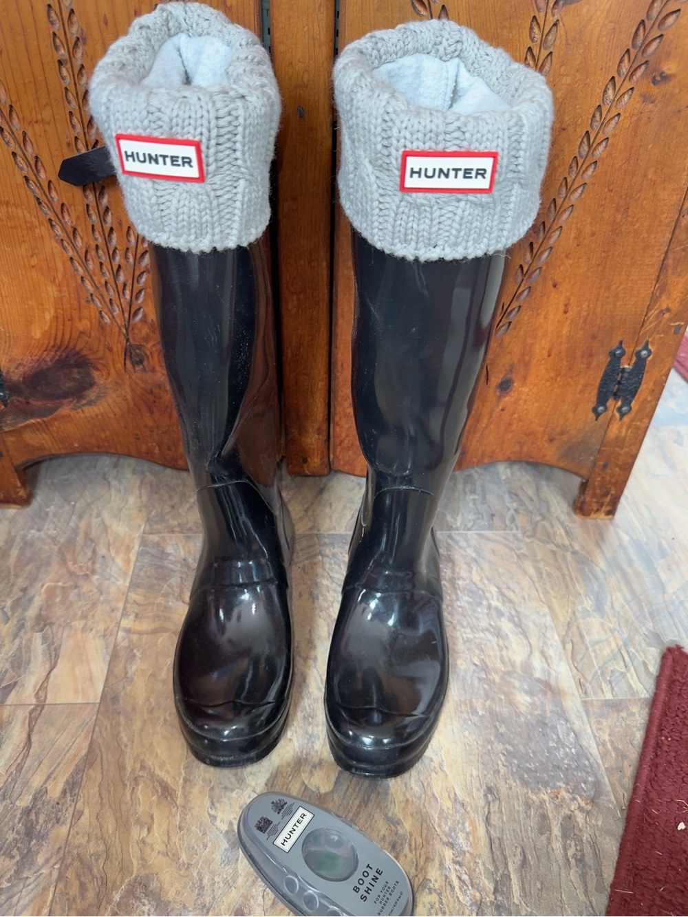 Hunter Ladies 8 Original Tall Wellington Gloss Black Rain Boots Removable Liner